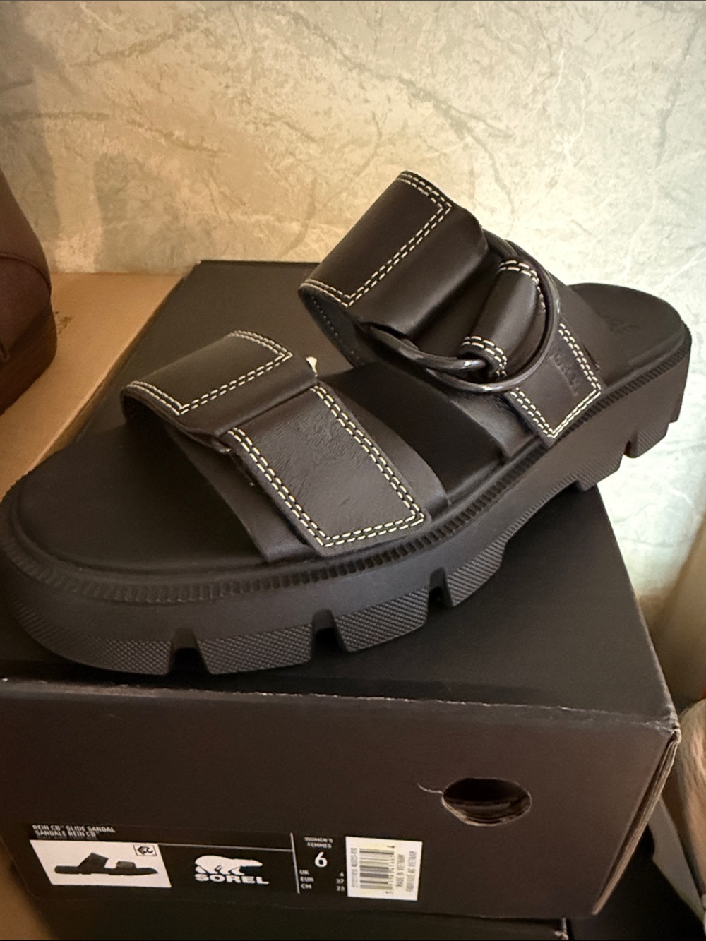 Sorel Black Double-Strap Lug Sandal with Contrast Stitching